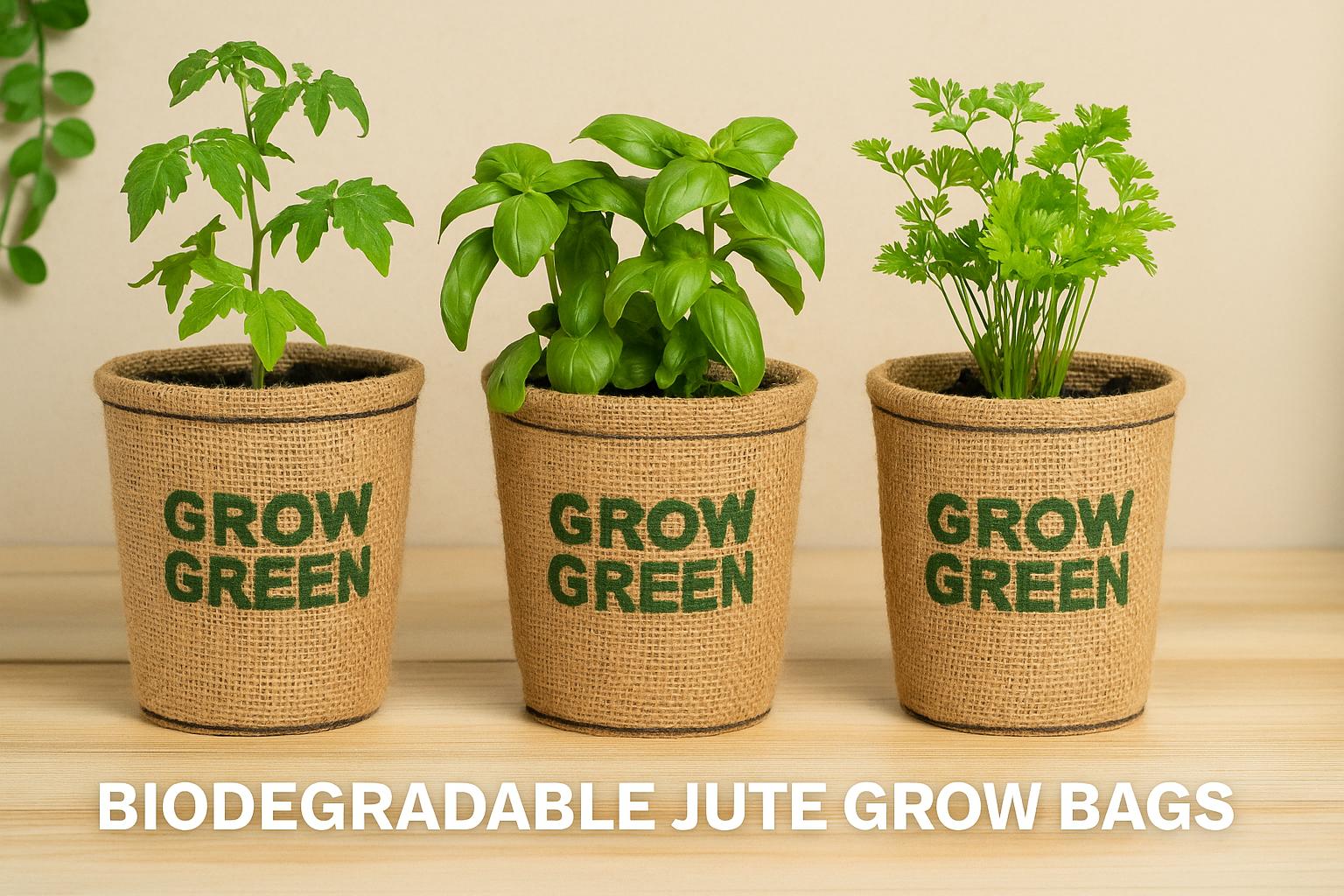 Three biodegradable jute grow bags filled with thriving plants, arranged in a garden setting to promote sustainable and eco-conscious home gardening. ​